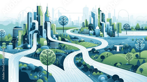 Futuristic cityscape with winding roads and green spaces showcasing sustainable urban planning and eco friendly architecture