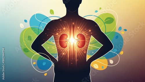 Human silhouette with glowing kidneys back pain and health concept with vibrant abstract background
