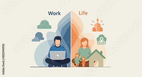 Remote Worker Balancing Professional Work And Personal Life At Home illustration