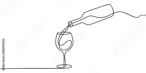 Continuous one line drawing of abstract pouring wine into the wine glass. simple wine glass line art vector illustration, Pouring wine bottle glass one line continuous drawing. Hand drawn vector