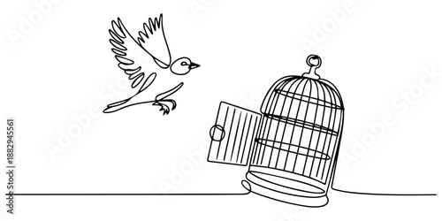 Bird released from birdcage continuous one line drawing, Bird released from birdcage in continuous line art drawing style. Bird flying away from open cage.one line  vector illustration