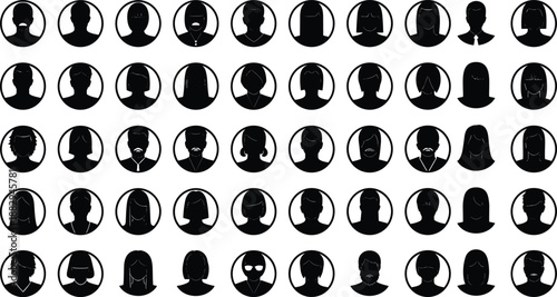 Abstract black avatar silhouettes set of diverse human profile icons isolated on white background for user interface design concepts branding