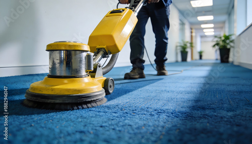 Hallway Flooring Maintenance: Man Cleans Blue Carpet with Professional Cleaning Equipment in Brightly Lit Corridor for Commercial Business - Stock Photo