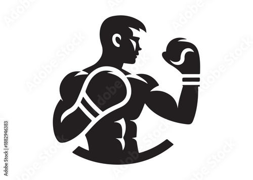 boxing logo silhouette vector, boxer logo silhouette illustration, boxing gloves logo vector, kick boxing silhouette logo vector design, boxing fighter man logo vector silhouette on white background