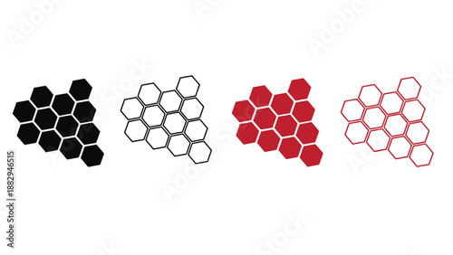 A set of four hexagonal patterns in different colors on a white background