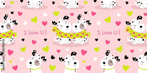 Cute romantic seamless pattern with dalmatian dogs and hearts on soft pink background. Valentine's Day adorable background with domestic animals. Flat vector illustration.