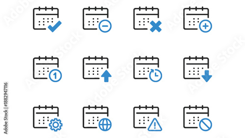 A collection of calendar icons with various symbols and markings
