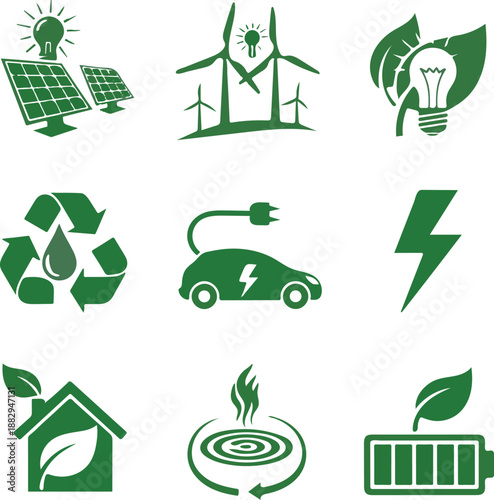 Green energy and renewable sustainability icons set with solar panels, wind turbines, electric car, and recycling symbols