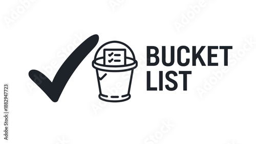 A bucket list with a checked off item on a white background