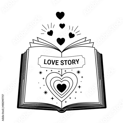 Open Book with Hearts and Stars Love Story Illustration