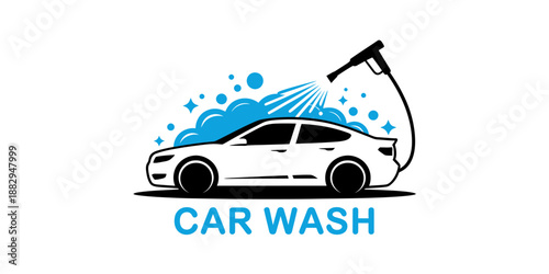 Illustrated Car Wash Logo Design with Blue Water Spray