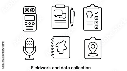 A set of line icons representing fieldwork and data collection tools