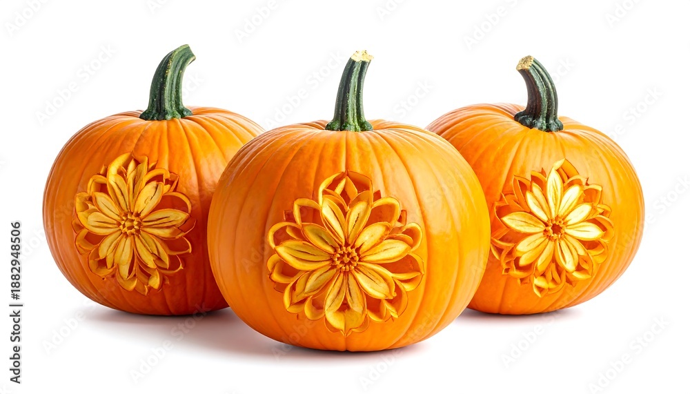 Obraz premium Three intricately carved pumpkins for Halloween decoration.