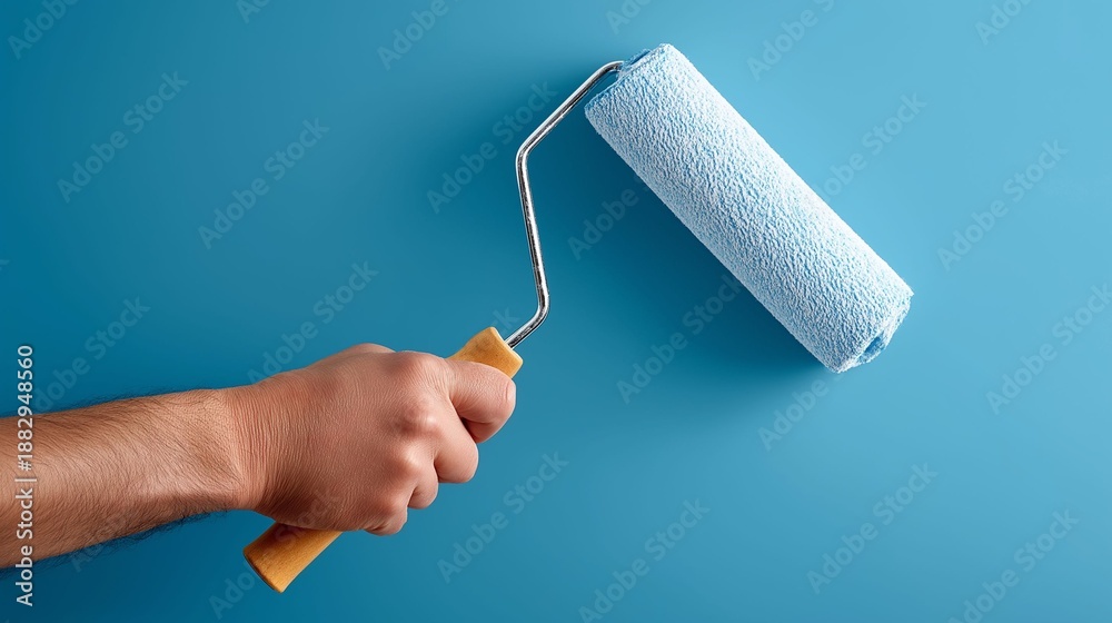 Obraz premium A person is holding a paint roller with a blue paint on it. The person is painting a wall