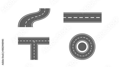 Road Elements Curves Straight T-Junction Roundabout - Vector Graphics.