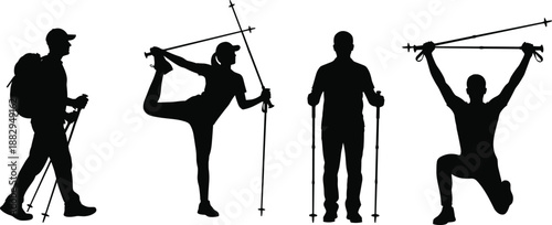 Collection of Black Silhouettes Featuring People Hiking and Nordic Walking with Trekking Poles in Various Poses for Outdoor Adventure Fitness and Active Lifestyle Concepts