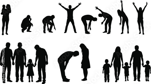 Collection of Black Silhouettes Featuring People in Various Poses Including Families Holding Hands Individuals Stretching and Figures in Dynamic Actions for Diverse Lifestyle Concepts