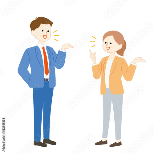 身振り手振りで話し合う男女のビジネスシーンイラスト