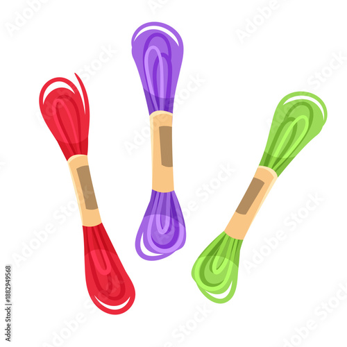 Three colorful embroidery floss skeins in red, purple, and green in flat cartoon style on a white background. Concept of crafting tools. Vector illustration