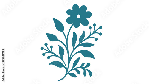 A simple teal flower icon on a white background with green leaves and stems