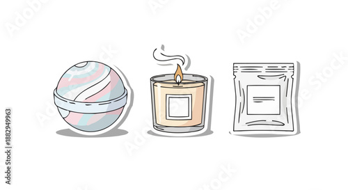 A collection of three bath and body products: a bath bomb, a lit candle, and a sachet.
