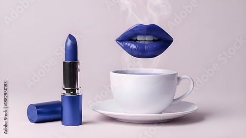 Luxury Beauty Meets Coffee: Glossy blue  Lips Floating Above Espresso with Premium Lipstick on Pink Studio Background