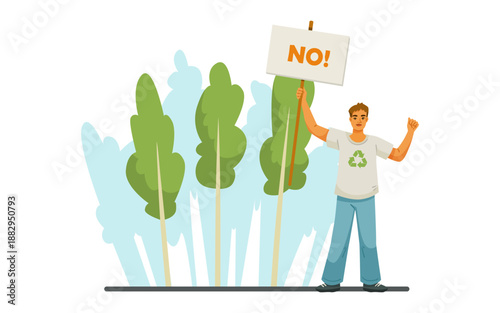 Young man with recycling shirt holds a NO sign, protesting deforestation, styled in flat art, standing by green trees, concept of activism. Vector illustration