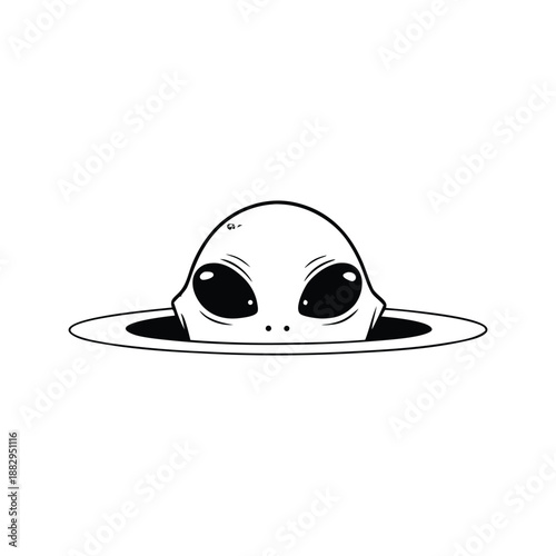 Black and white hand drawn vintage illustration of a mysterious alien peeking out of a hole in vector style,