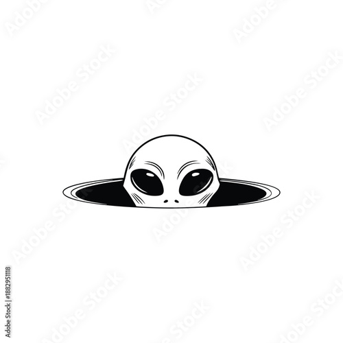 Black and white hand drawn vintage illustration of a mysterious alien peeking out of a hole in vector style,