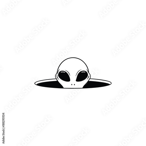 Black and white hand drawn vintage illustration of a mysterious alien peeking out of a hole in vector style,