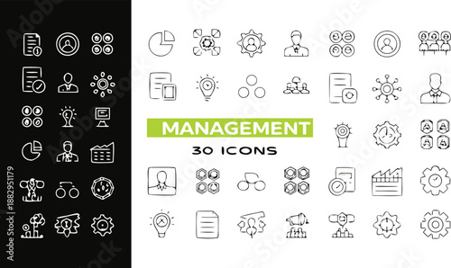 Management icons set with 30 thin black line illustrations on white and black background for business and organization