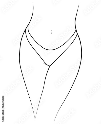 Female body, bikini panties, swimsuit, black and white illustration