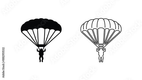 a black and white illustration showing a skydiver with two parachutes descending