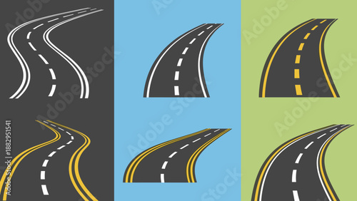 Curved Road Collection Asphalt Paths with Lane Markings.