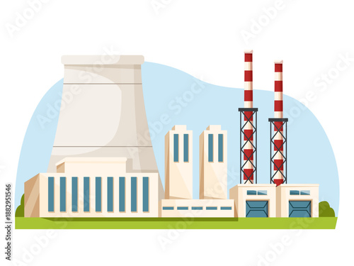 Modern industrial power plant with cooling tower and striped chimneys, clean graphic style, blue sky and green ground background. Concept of energy. Vector illustration