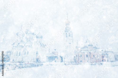 Snowfall in Vologda, a landscape of the city's historic center on a winter day, a cathedral in January
