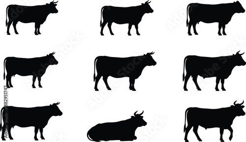 Cow silhouette illustration, black farm animal vector, standing and lying cow clipart, livestock icons, nature shapes, SVG design