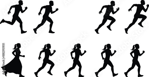 Running silhouette illustration, male and female runners, black athlete vector, motion pose clipart, fitness icons, SVG design set