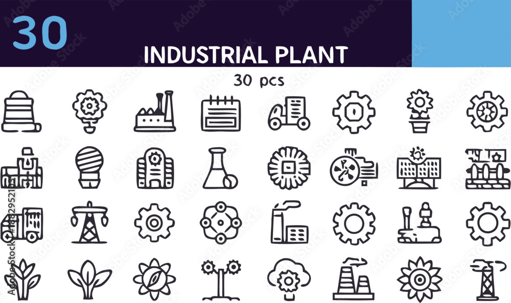 Fototapeta premium Monochrome industrial plant icons set for business and technology