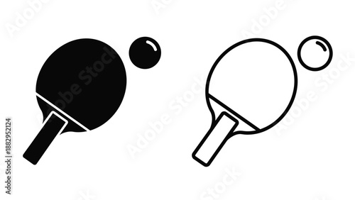 table tennis paddles and ball icon set in black and white vector illustration