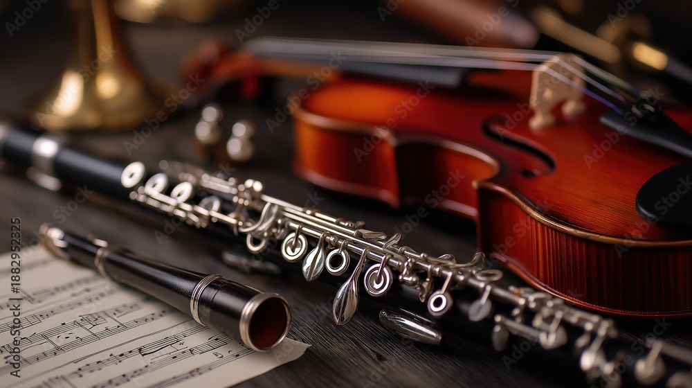 Obraz premium Instruments on Table with Sheet Music Displayed