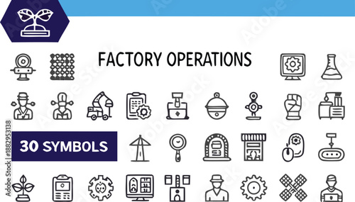 Factory operations infographic set with 30 line icons and symbols for industrial and manufacturing concepts