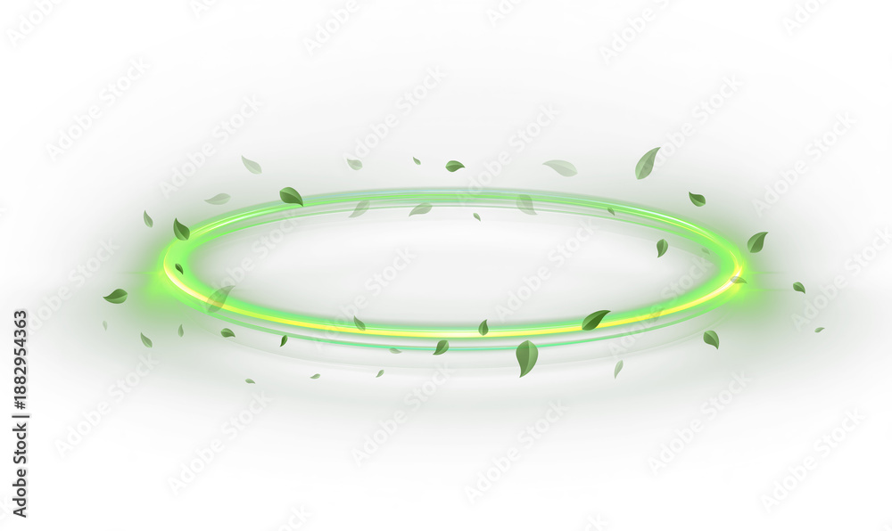 Fototapeta premium Green neon ring. Glowing circle.Fresh wind swirls with green leaves and glitter and neon green lines Glow effect. Round light frame. Abstract light lines of motion and speed. PNG