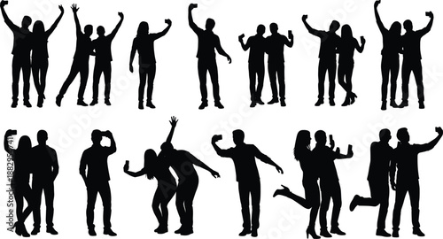 Selfie silhouettes, people posing, smartphone fun, expressive gestures, social interaction, playful moments, black shapes, white background, human connection, modern culture