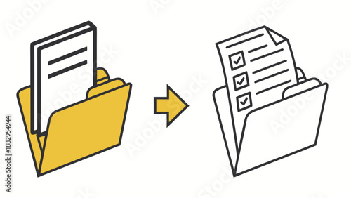 A vector graphic illustrating the process of transforming a colored document folder into a checked and approved version