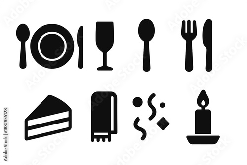 Birthday Dinner Icons. Birthday dinner setup. Filled icon set of Birthday dinner setup: plate setting,