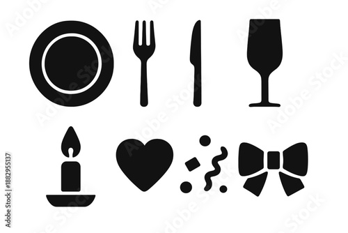Chic Birthday Icons. Chic birthday table. Filled icon set of Chic birthday table: chic plate, slim fork, slim
