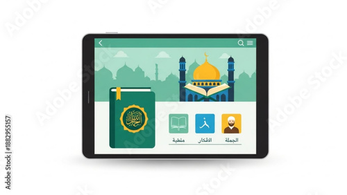 A vector graphic illustration of a tablet with a mosque and Quran on the screen
