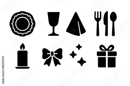 Luxury Birthday Icon Set. Luxury birthday table. Filled icon set of Luxury birthday table: ornate plate,