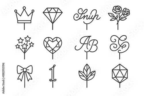 Luxury Cake Toppers. Luxury cake toppers. Line outline icon set of Luxury cake toppers: crown topper, diamond